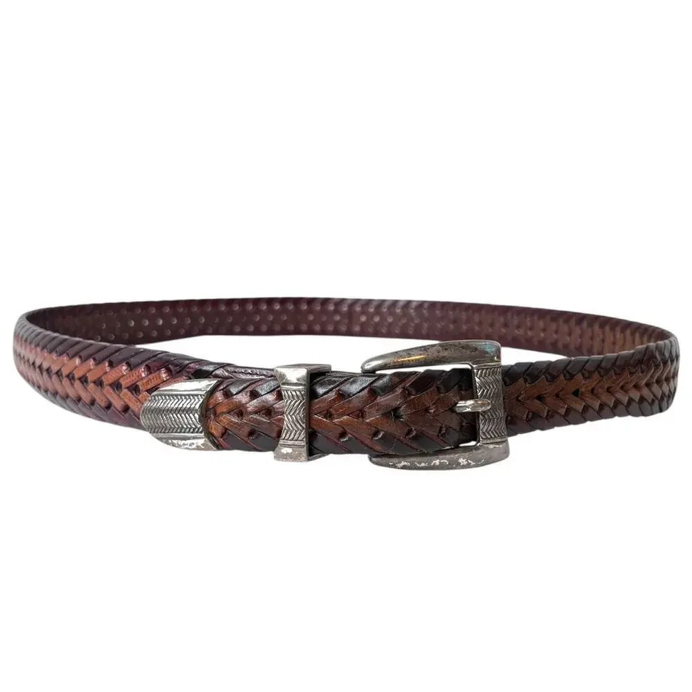 Vtg. ONYX By Brighton 2 Tone Braided Leather Belt with a Silver Buckle Size 38